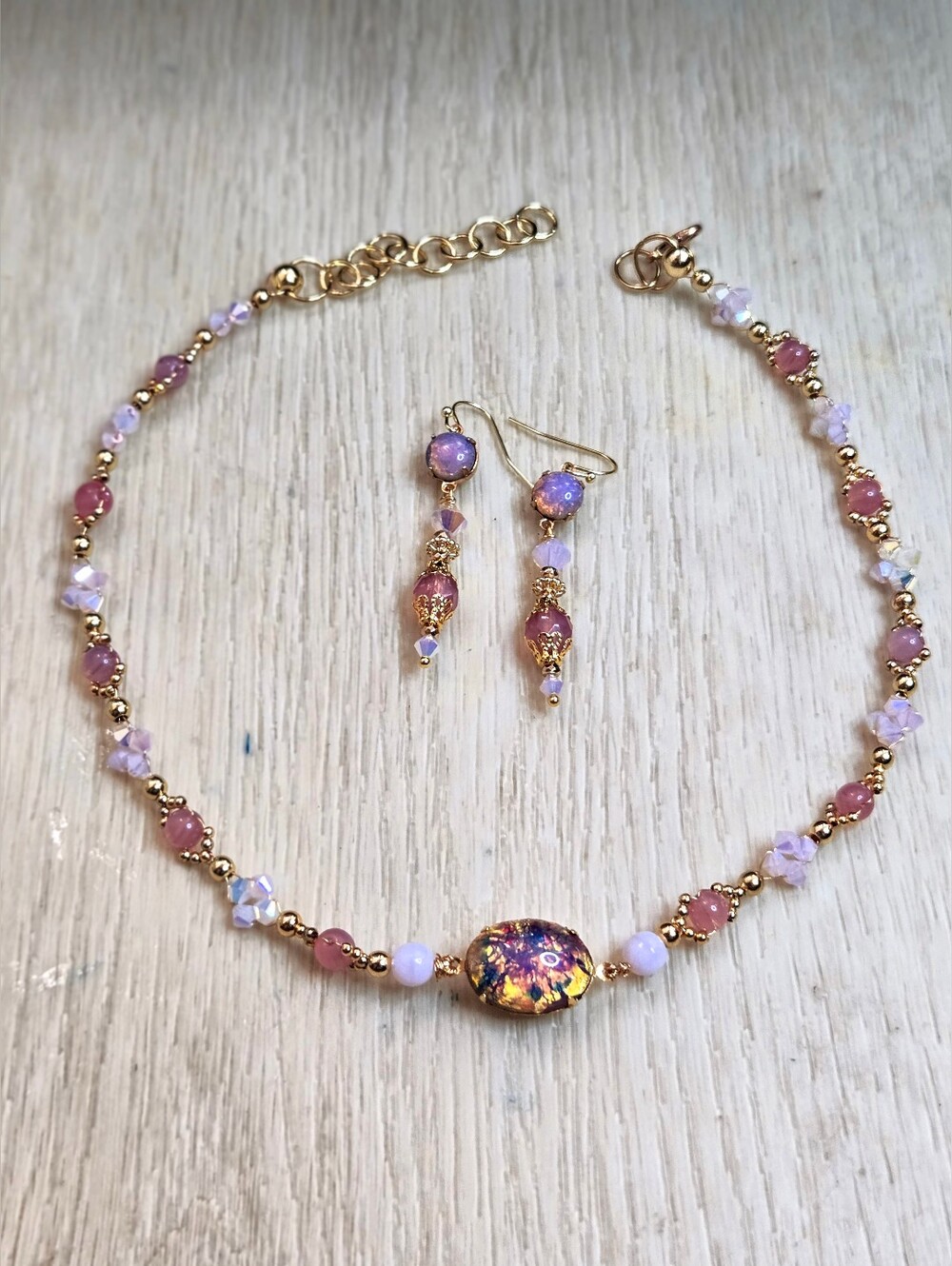 Victorian Delicate & Dainty Pink Opal Swarovski & Glass Necklace & Earrings